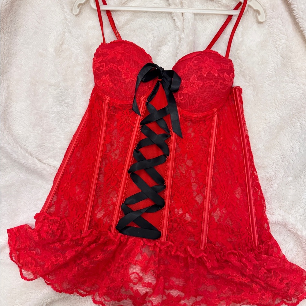 Shirley of Hollywood Red Lace Chemise with Black Ribbon